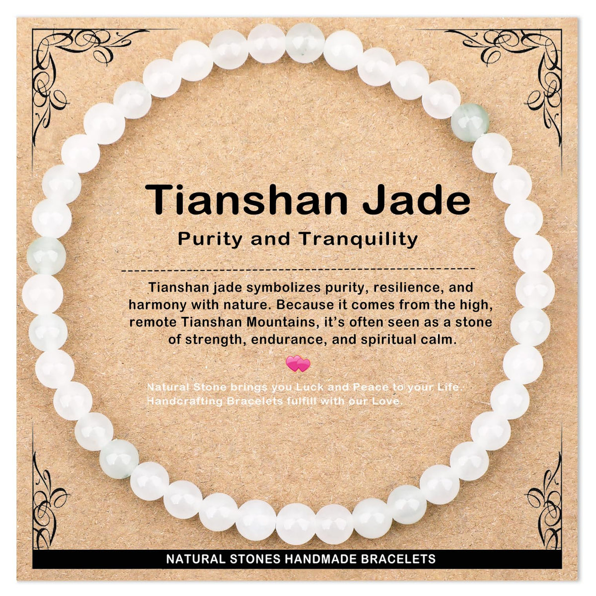 AD Beads 4mm Handmade Tianshan Jade Elastic Bracelet Natural Gemstone for Purity and Tranquility Meditation, Yoga, Healing and Energy Gift for Men Women