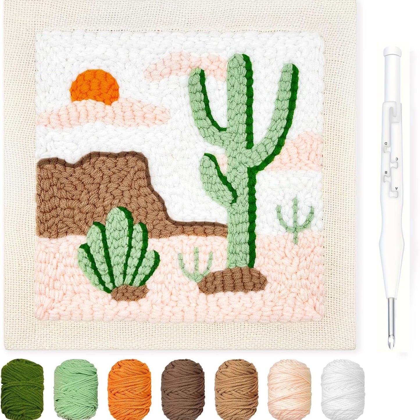 HAND U JOURNEY Cactus Punch Needle Kit, 9.4" x 9.4" Beginner Rug Hooking Kit with Adjustable Punch Needle Pen, DIY Embroidery Craft Gift for Adults