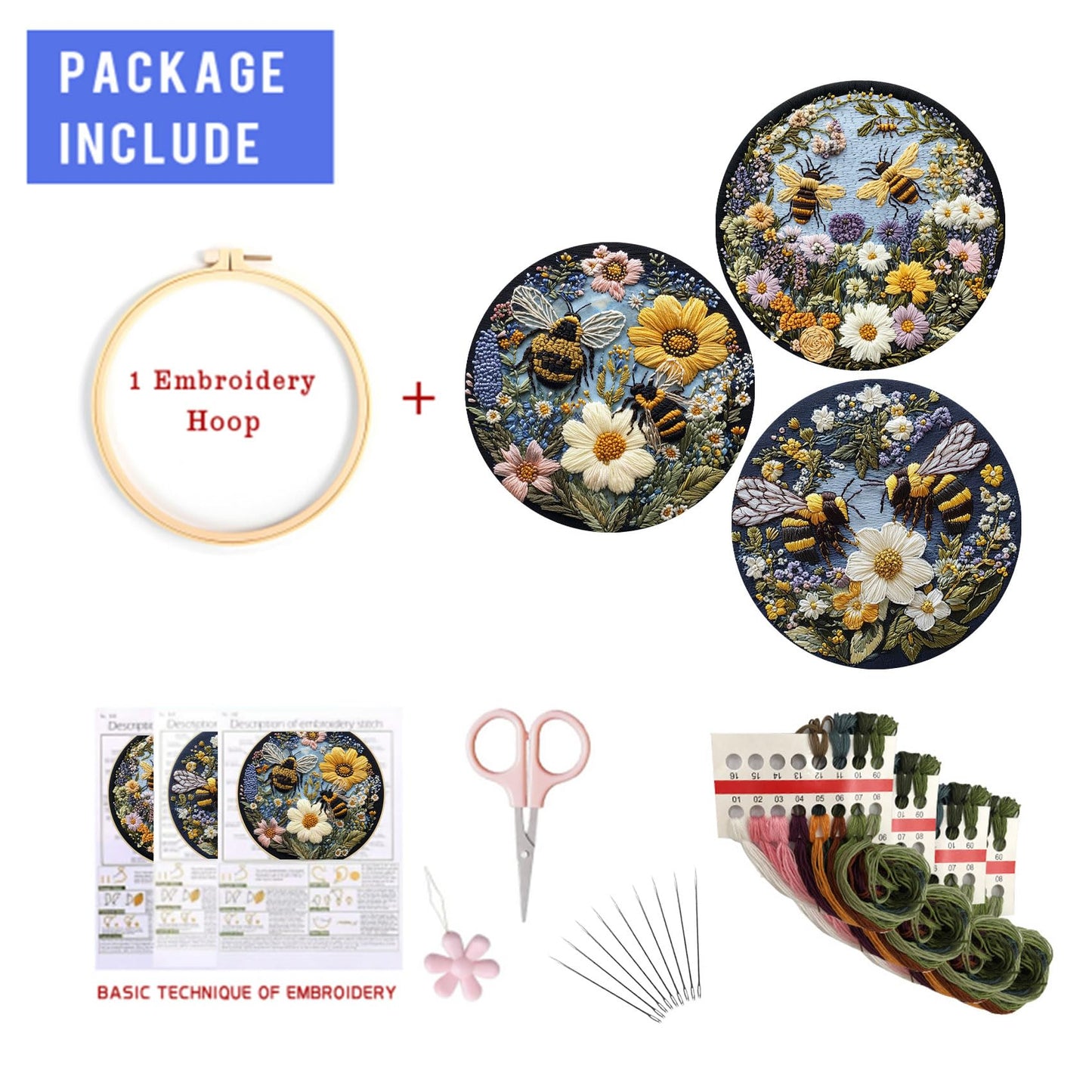 EOBTAIN 3 Pcs Bee Floral Embroidery Kit for Beginners,Yellow Flower Embroidery Kits for Adults, Wildflower Plant Embroidery Starter Kit with Pattern,Hoop,Thread,Needles,Hand DIY Craft Kits for Adults