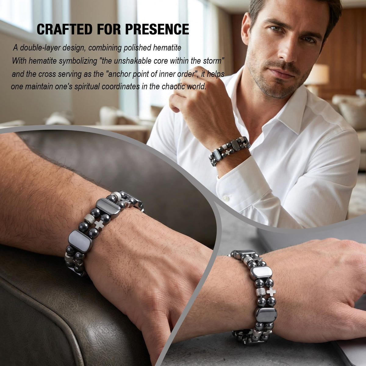 Christian Gifts for Men, Jesus Cross Bracelet for Men Handmade Double Elastic Beaded Bracelets Natural Crystal Gemstone Religious Jewelry for Boyfriend Husband Birthday Anniversary (Hematite)