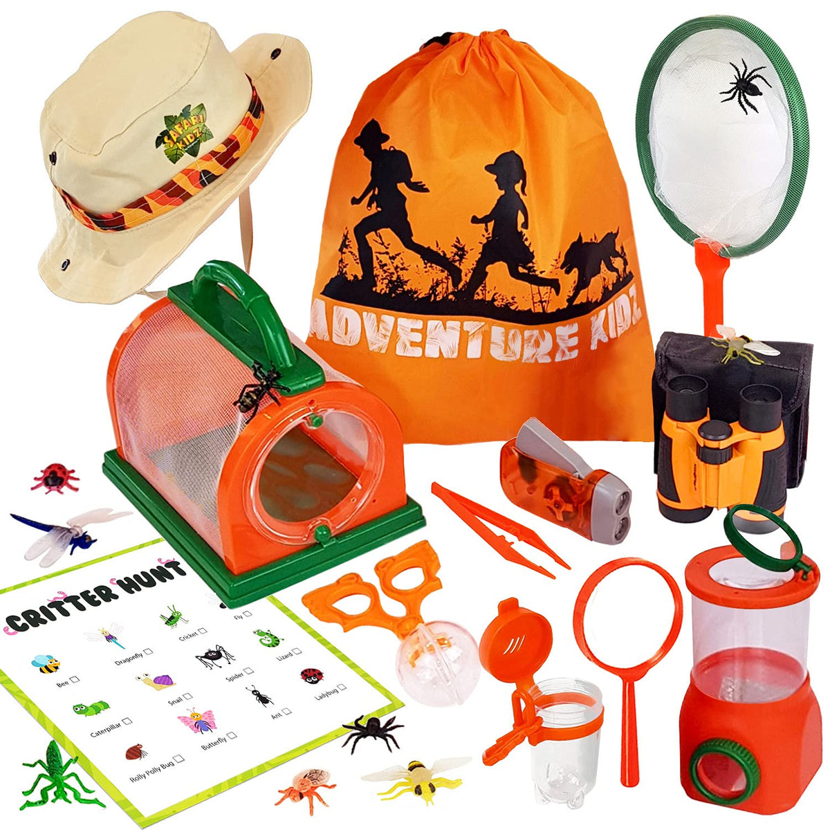 Adventure Kidz Outdoor Bug Exploration Kit, Binoculars, Magnifying Glass, Bug Containers, Viewers, Critter Cage, Butterfly Net, Backpack, Hat, Tweezers and Cups, Age 3+