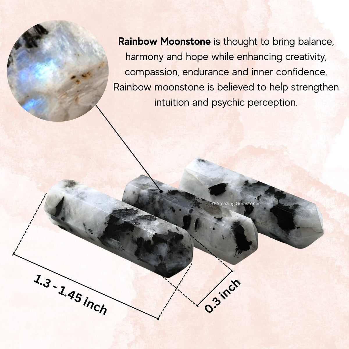 Amazing Gemstone Rainbow Moonstone Crystal Points Bulk Healing Crystals - Pack of 3 Single Terminated Healing Wand Point Bulk Crystals for Crafts, Crystal Grid, DIY Work - Premium Crystals