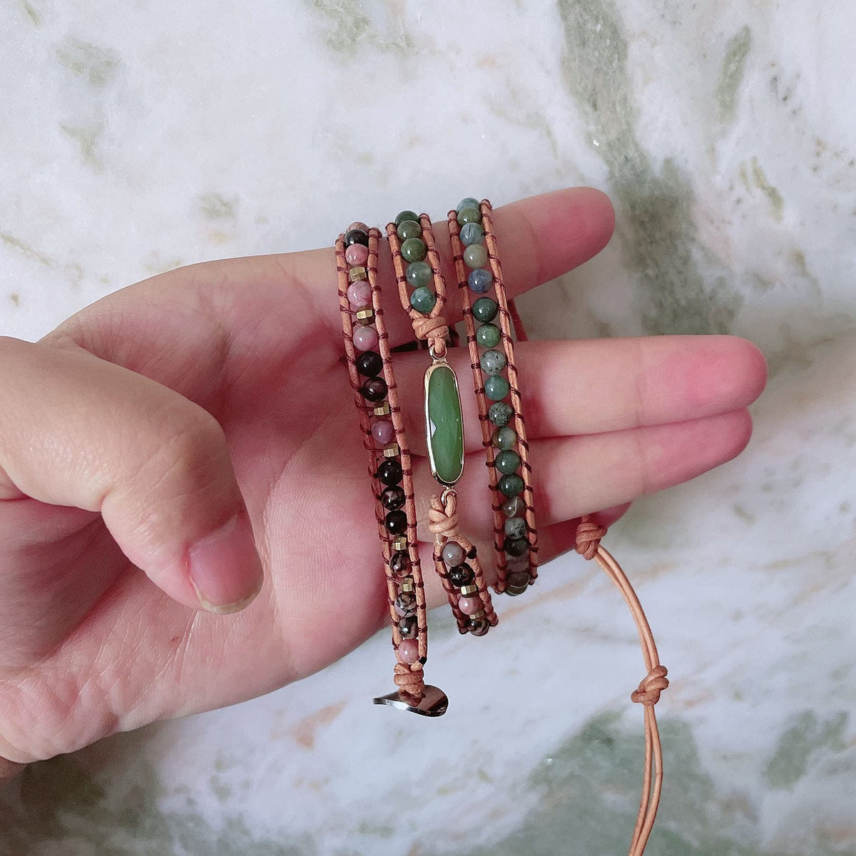 Plumiss Women Boho Handmade Green Crystal Indian Agate Rhodonite Stone Bead Strand 3 Wrap Bracelets