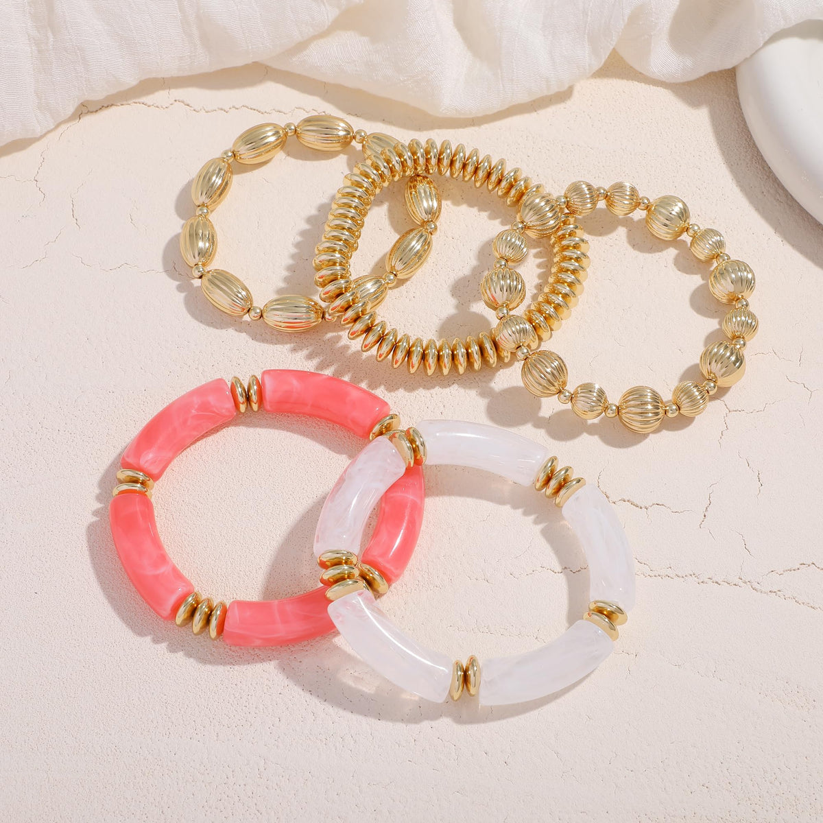 RISHEGAE Chunky Bangle Bracelets for Women Stackable Resin Bamboo Tube Bracelet Stretch Gold Beaded Bracelets Summer Beach Surfer Bracelets Gift Jewelry