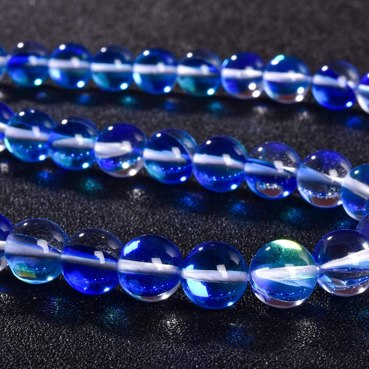 Asingeloo 48PCS 8mm Blue Angel Aura Round Gemstones Polished Mermaid Aura Moonstone Bead Smooth Stone Loose Beads Crystal Quartz for DIY Jewelry Making 1 Strand 15”