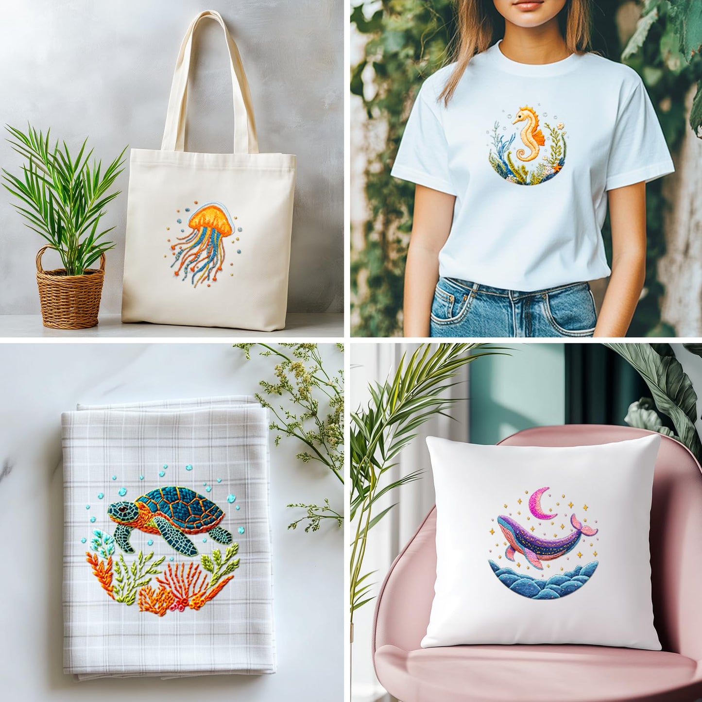 ACRNIGHEET 6PCS Embroidery Kit for Adults Beginners, Sea Animals Embroidery Starter Kit, Stamped Cross Stitch Kits for Crafts Lovers Gift Idea, Include Instructions 6 Stamped Embroidery Cloth 2 Hoop