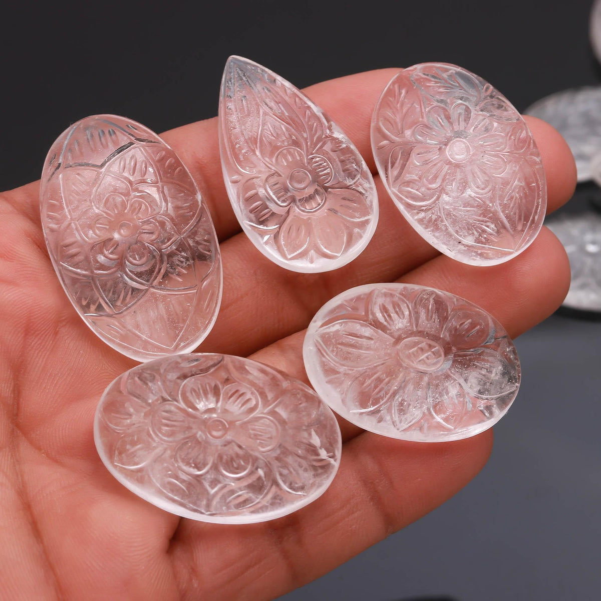 TGH Natural Clear Quartz Gemstones Carving Wholesale Cabochons Lot, Jewelry Making Loose Gemstone, Polished Gems, DIY, Wire Wrapping, Reiki, Wikka, Healing Crystals, Bulk Gemstone Deal, Pack Of 3