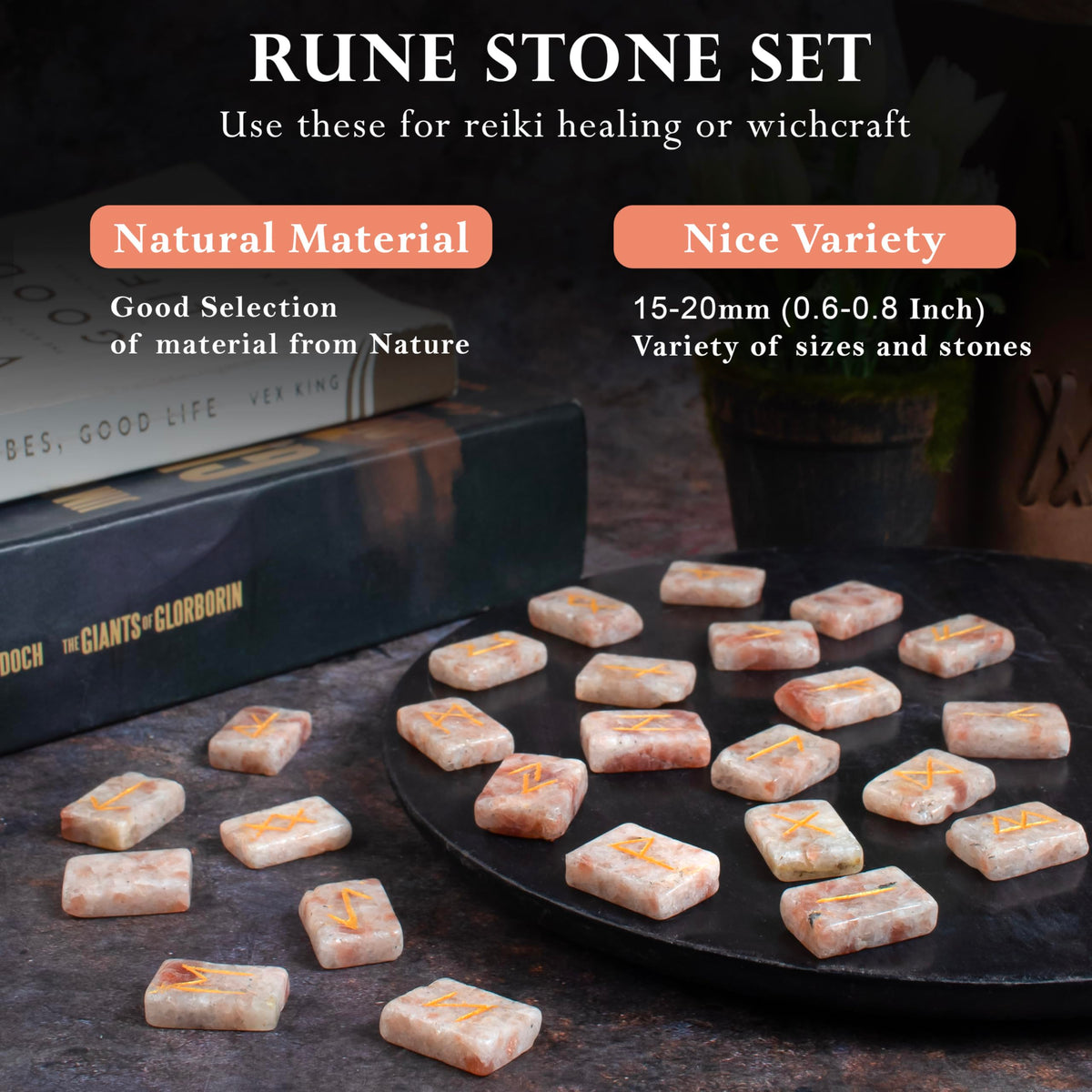 Crocon Sunstone rectangle shape gemstone runes with Elder Futhark Alphabet Engraved 25 pcs rune set Crystal Divination metaphysical Healing Chakra Reiki runes set with a pouch Size : 2025mm