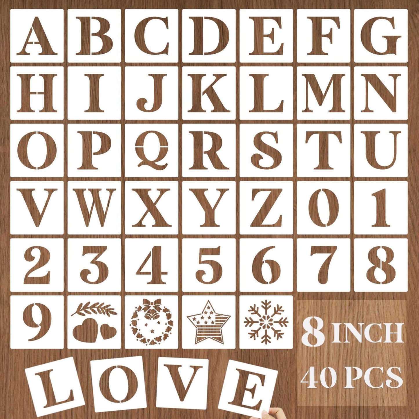 YEAJON 8 Inch Letter Stencils and Numbers, 40 Pcs Alphabet Drawing Templates, Reusable Plastic Art Craft Stencils for Painting on Wood, Wall, Fabric, Rock, Signage, Door Porch