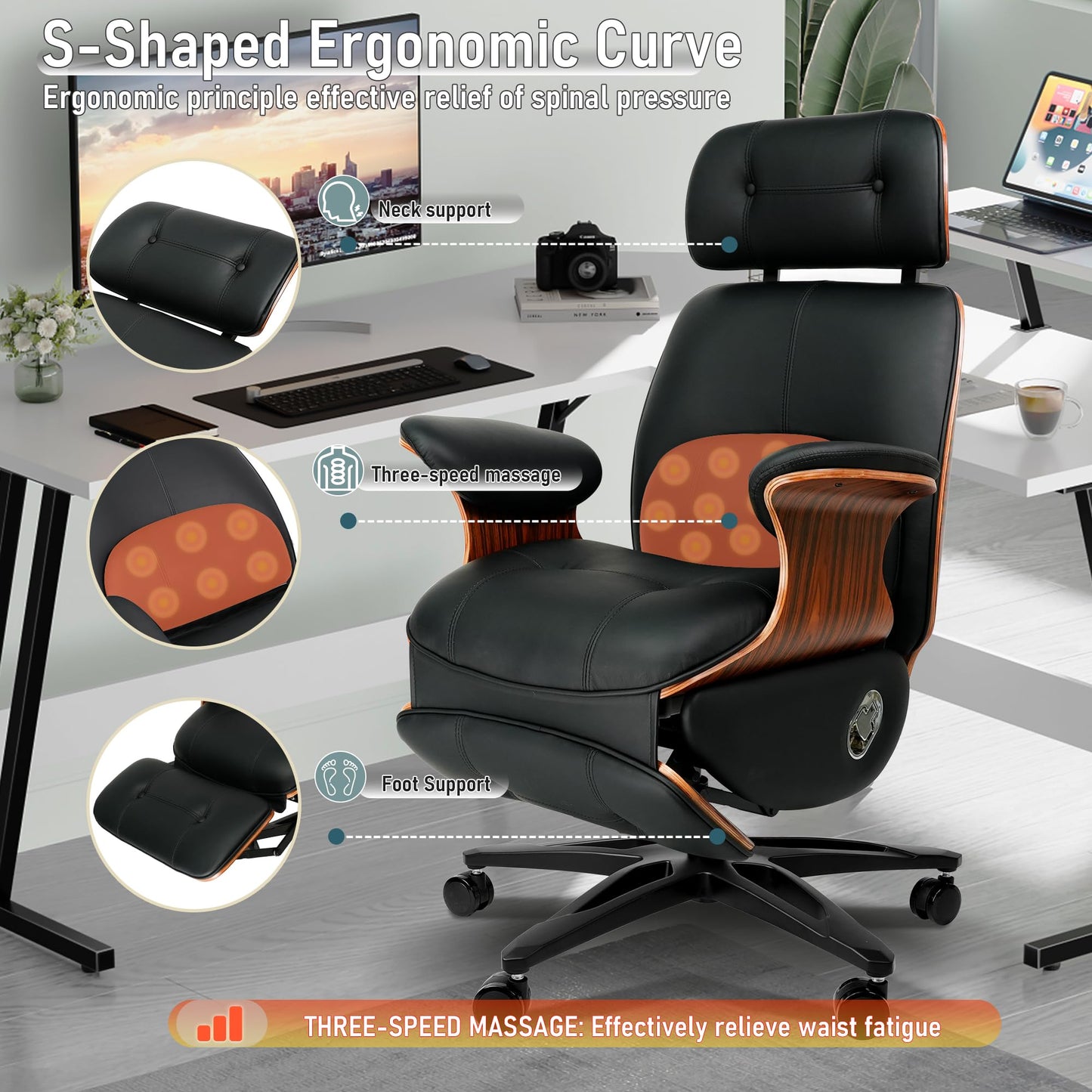 Genuine Leather Office Chair with Electric Reclining, Footrest, Lifting and Massage Function, 350lbs Capacity Ergonomic Executive Chair with Alu Base and 360° Wheels for Home Living Room