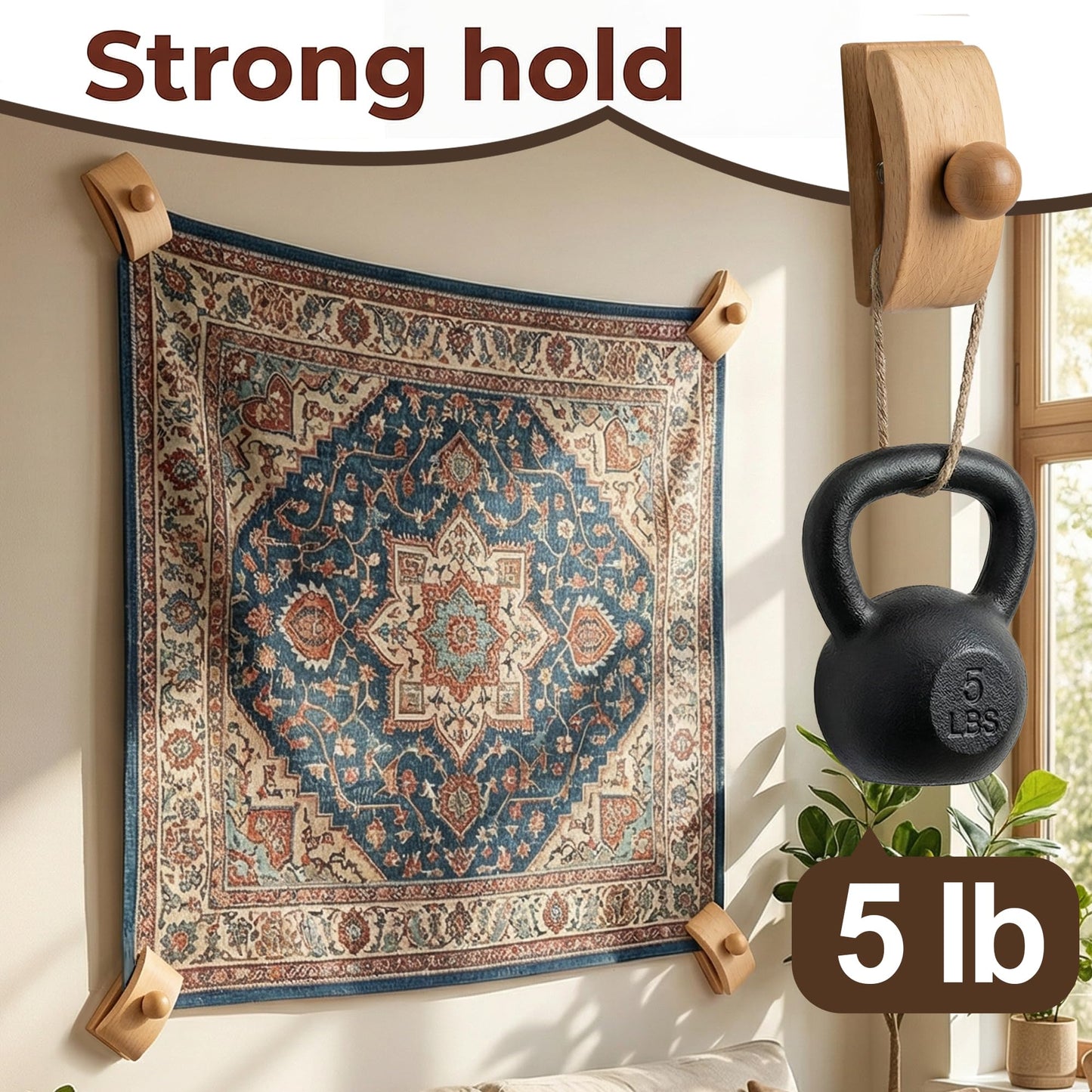 Walnut Adjustable Large Quilt Hanger for wall for Display,Wooden Heavy Duty wall Hanger Clips for Tapestry,Rug,Carpet and Duvet Covers,Poster Frame Nails and Hanging kit (Boho Curved Clip)