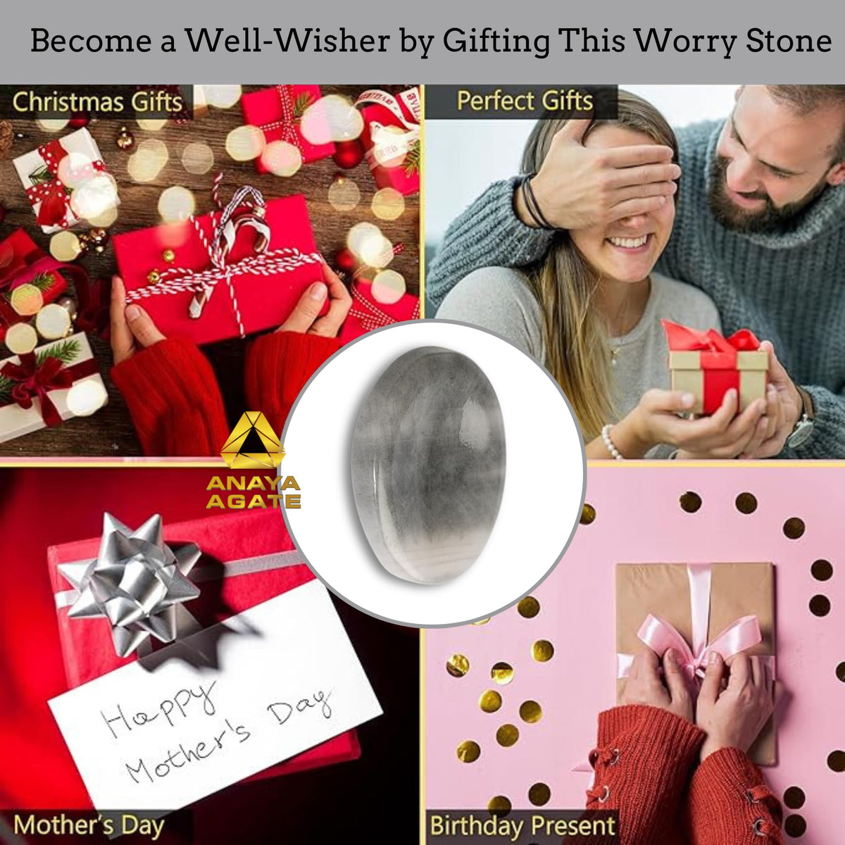 Anaya Agate Gray Agate Worry Stones Certified Crystal Thumb Worry Stone for Anguish, Relaxing and Soothing Balance Stones for Meditation, Stress Relief Crystals and Healing Stones for Men, Women