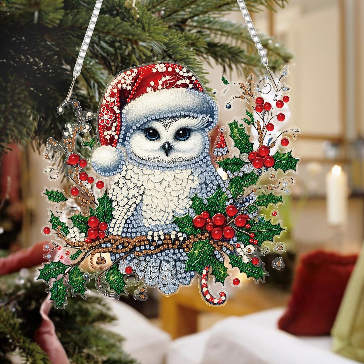 Auremi Christmas Diamond Art Painting Pendant Kits with Chain,5D Owl Diamond Art Hanging Kit DIY Diamond Crystal Window Door Hanging Pendant Kit for Adults Gift Wall Decor