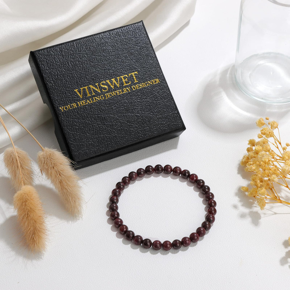 Vinswet Healing Crystal Bracelets for Women Men 6mm Garnet Natural Stone Beaded Stretch Bracelet Handmade Gemstone Reiki Spiritual Jewelry Gifts