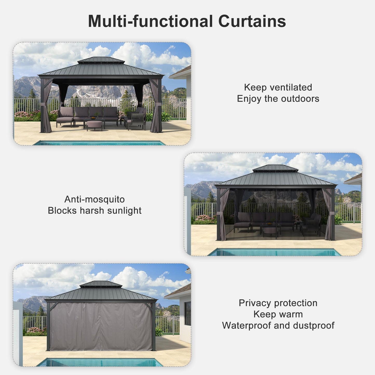 PURPLE LEAF 13' X 15' Permanent Gazebo with Metal Roof Outdoor Hardtop Gazebo for Patio Lawn and Garden Curtains and Netting Included Grey