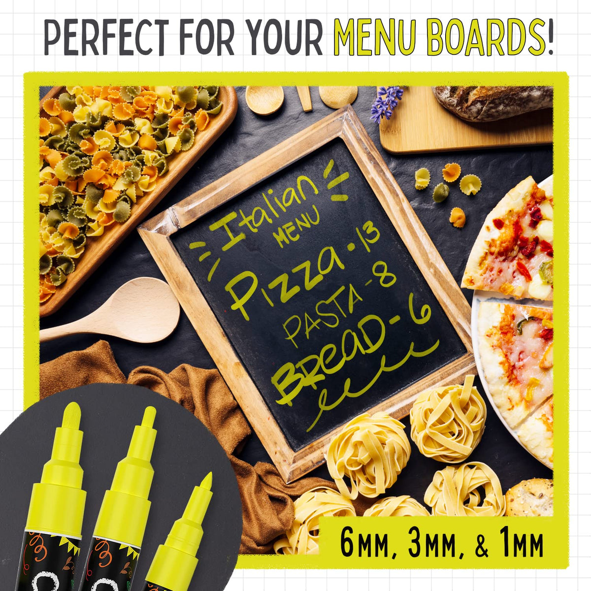 5 Yellow Chalkboard Chalk Markers - Yellow Dry Erase Markers for Blackboard, Chalkboard Signs, Windows, Glass | Variety Pack - Fine & Jumbo Size Ink Pen (1mm, 3mm, 6mm, 10mm, 15mm)