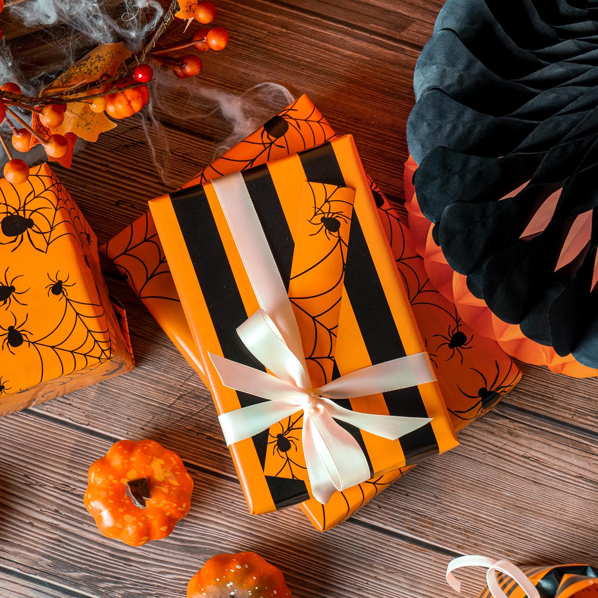 WRAPAHOLIC Halloween Reversible Wrapping Paper Roll - Mini Roll - 17 Inch X 33 Feet - Spider Design, Perfect for Halloween Decorations, Holiday, Party (Pack of 2)