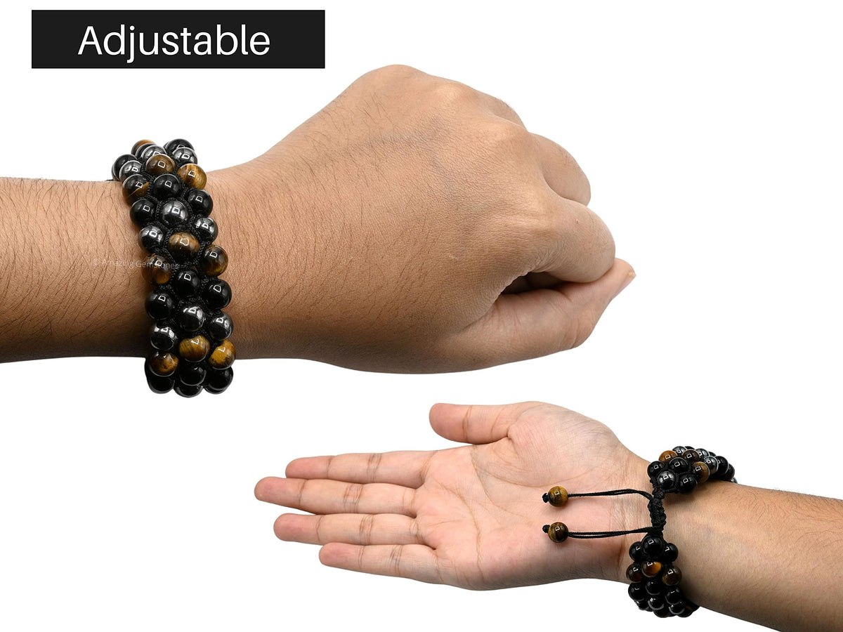 Amazing Gemstone Triple Protection Bracelet - Hematite Black Obsidian Tiger Eye Bracelet Set for Men Women Healing Calming Anxiety Stress Relief Gifts Stocking Stuffer (Adjustable, 3 Layer)