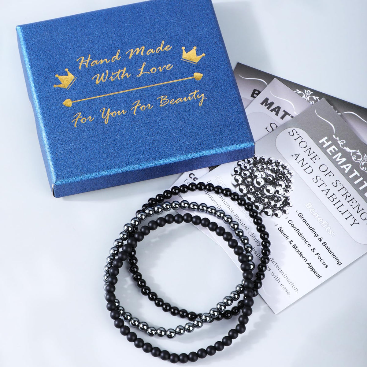 CMBYN 3-Pieces 4mm Natural Crystal Gemstone – ﻿Black Onyx, Hematite, Matte Black Agate Handmade Reiki Energy Healing Stretch Bracelets Jewelry for Yoga, Meditation, Unisex
