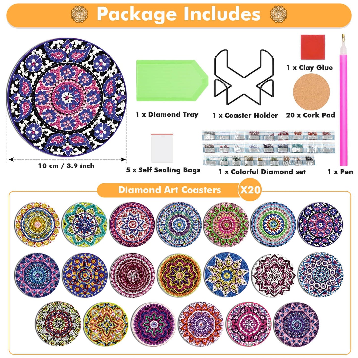 Caffox 20 Pieces Diamond Art Painting Coasters Kit with Holder, Diamond Art Coasters, DIY Diamond Art Crafts Projects, Diamond Art Kits for Adults and Beginners(Mandala Style)