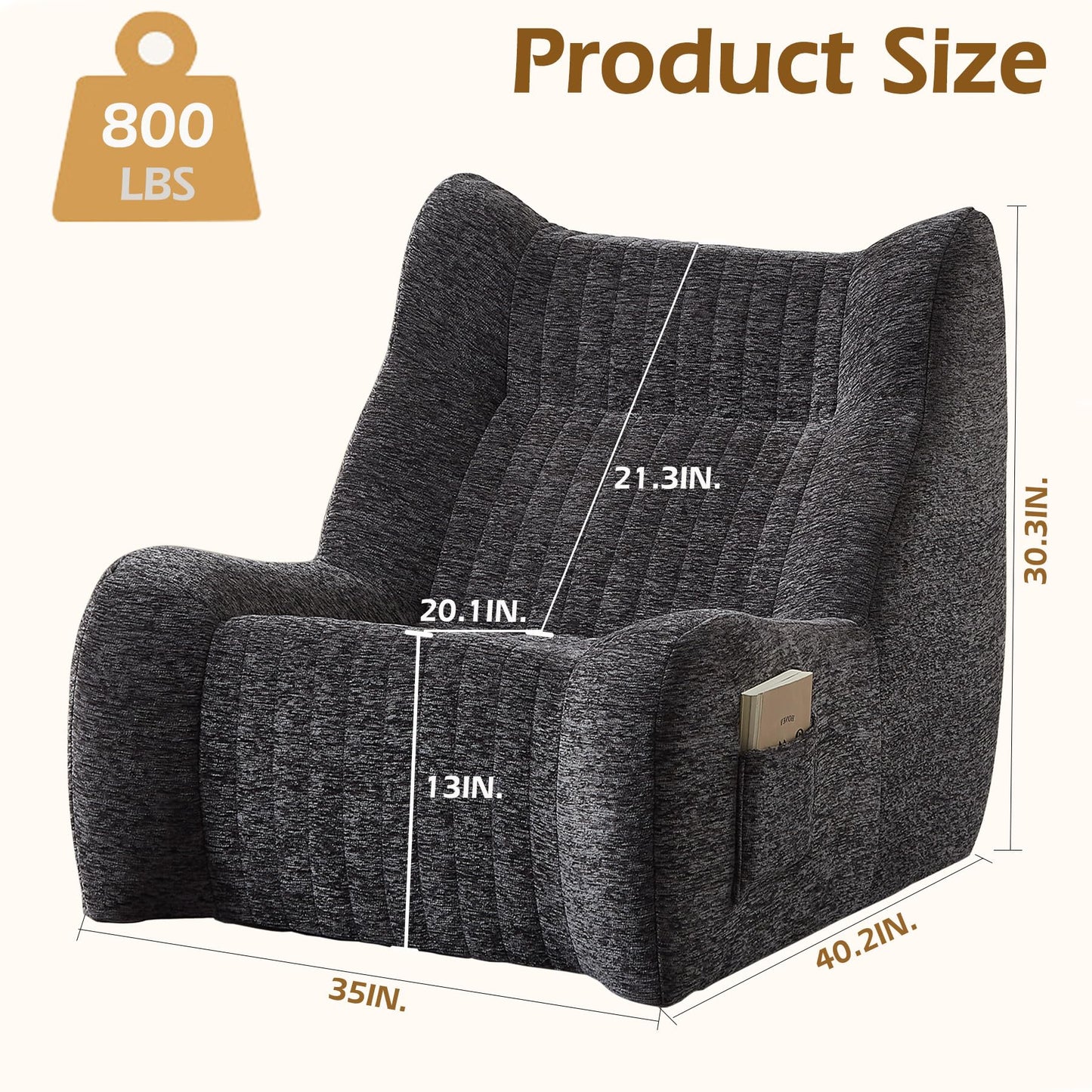 Oversized Bean Bag Chair with Armrests for Adults,Chenille Lounger Filled High Resilience Foam,Lazy Floor Sofa Seat, Reading Gaming Accent Furniture Living Room Bedroom Office Dorm Apartment (Grey)