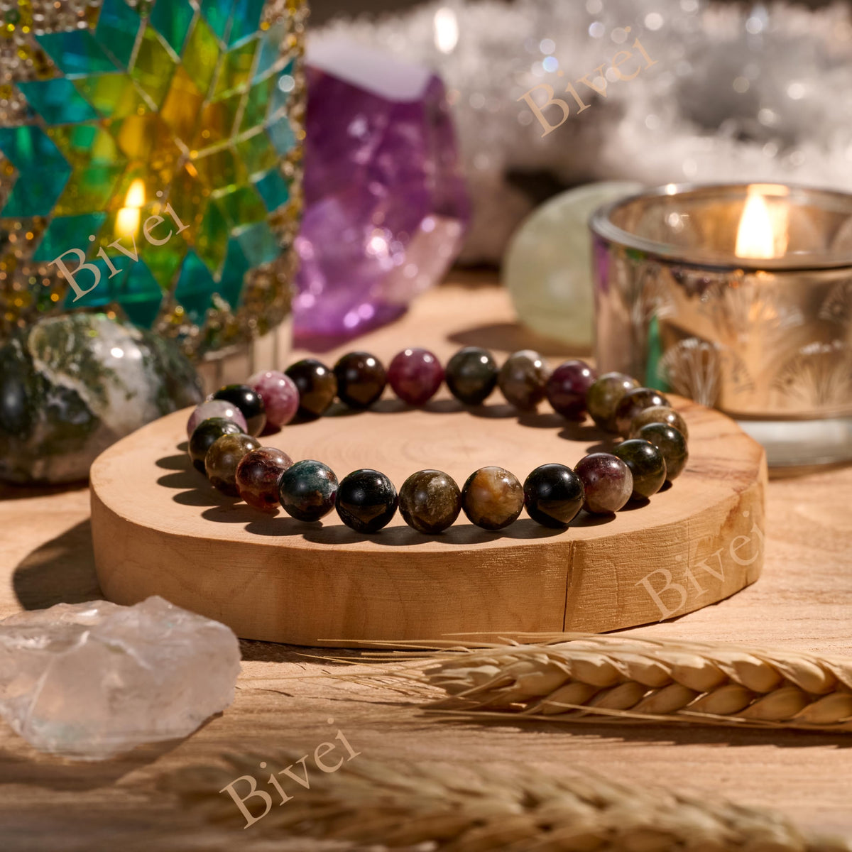 Bivei Rainbow Tournaline - Balance - 8mm Beaded Bracelets for Women Handmade Semi Precious Natural Stone Stretch Elastic Jewelry Yoga Protection Gifts