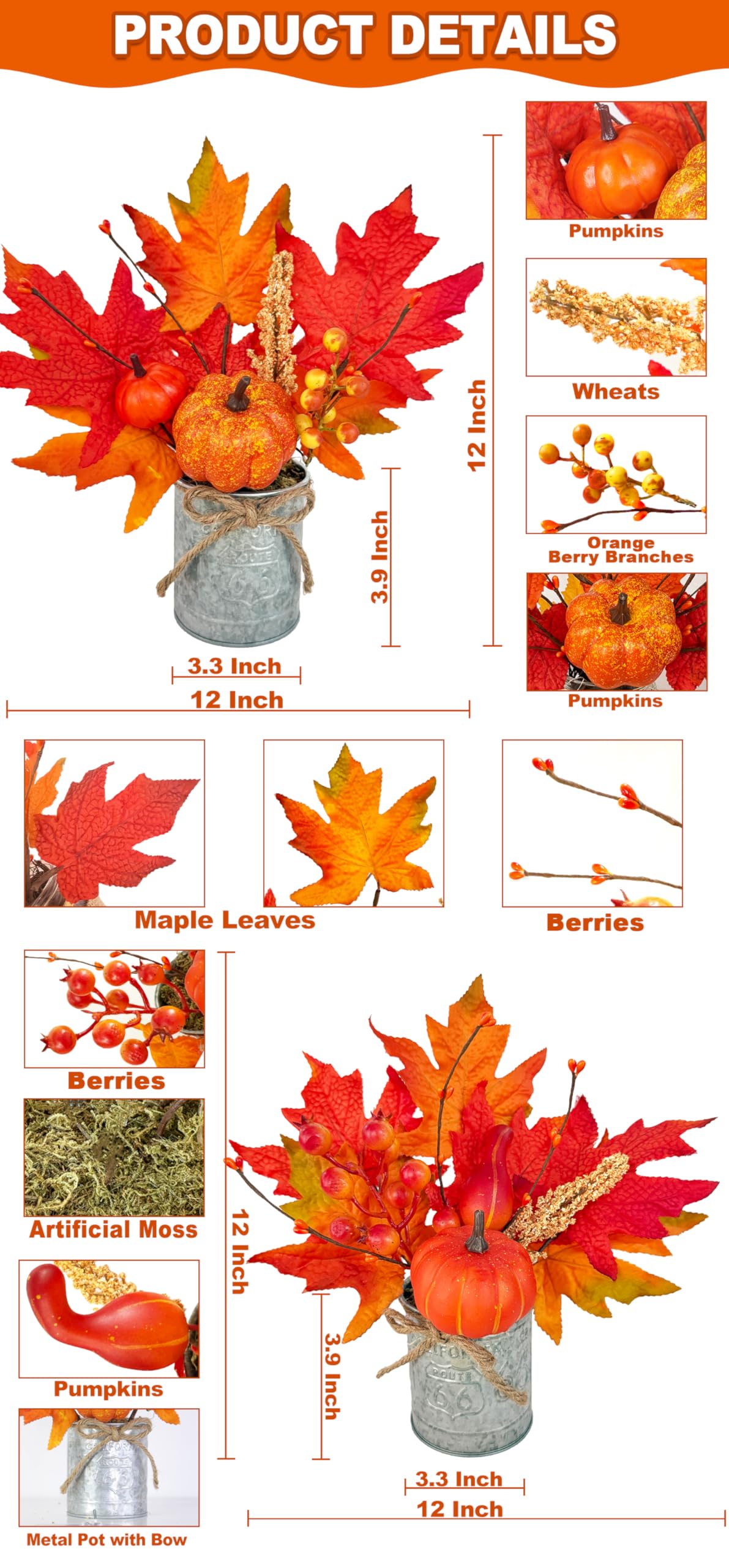 2 Pack 12 Inch Thanksgiving Decorations Fall Centerpieces for Tables Thanksgiving Table Decor Fall Arrangements Maples Leave Pumpkin Berried Wheat Realistic Moss in Metal Pots for Home Kitchen Table