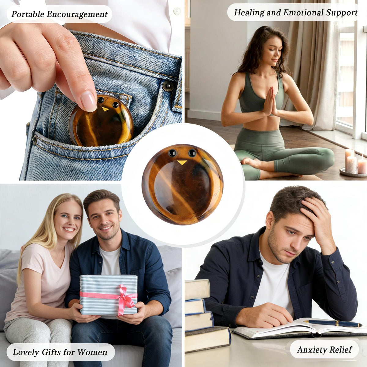 ZHIYUXI Tigers Eye Crystal Stress Relief Gifts Emotional Support Worry Stones for Anxiety Encouragement Gifts for Women Smile Worry Stones Anxiety Relief Items Calming Inspirational Gifts for Men
