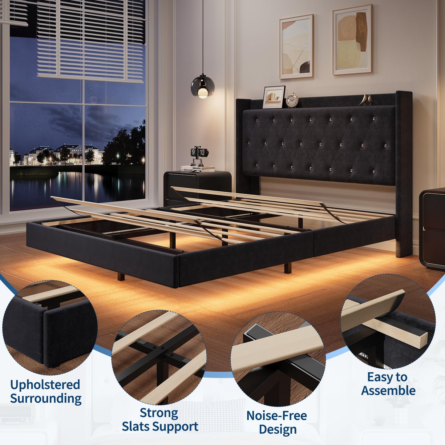 GAOMON Floating Bed Frame Full Size with LED Lights, Velvet Upholstered Platform Full Bed Frame with Wingback Storage Headboard, No Box Spring Needed, Easy Assembly, Black