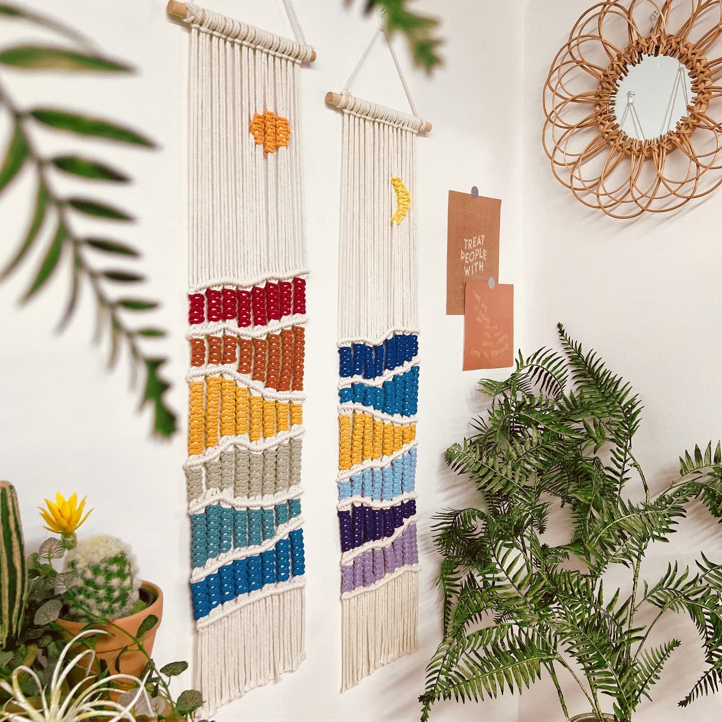 Boho Macrame Wall Hanging Decor Set, 2PCS Southwest Bohemian Handmade Woven Sun&Moon Mountain Geography Tapestry with Long Tassel, Gypsy Rainbow Ornament for Nursery Decoration Girl Christmas Gift
