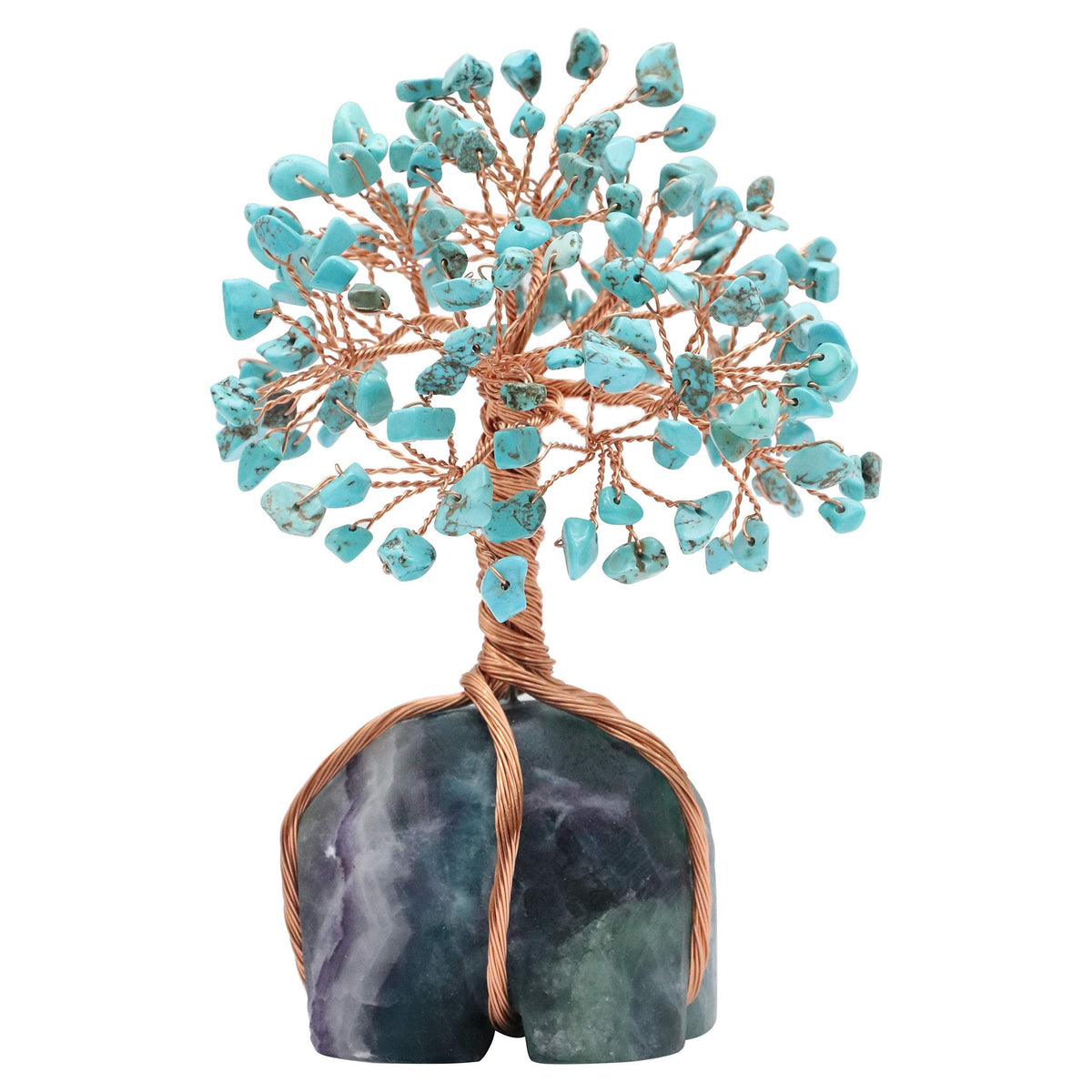 Crocon Howlite Green Turquoise Gemstone Money Tree with Fluorite Rough Wire Wrapped Base | Feng Shui Bonsai | Ornament Figurine | Chakra Balancing | Reiki Crystal Healing | Spiritual | Decor Size 5-6"
