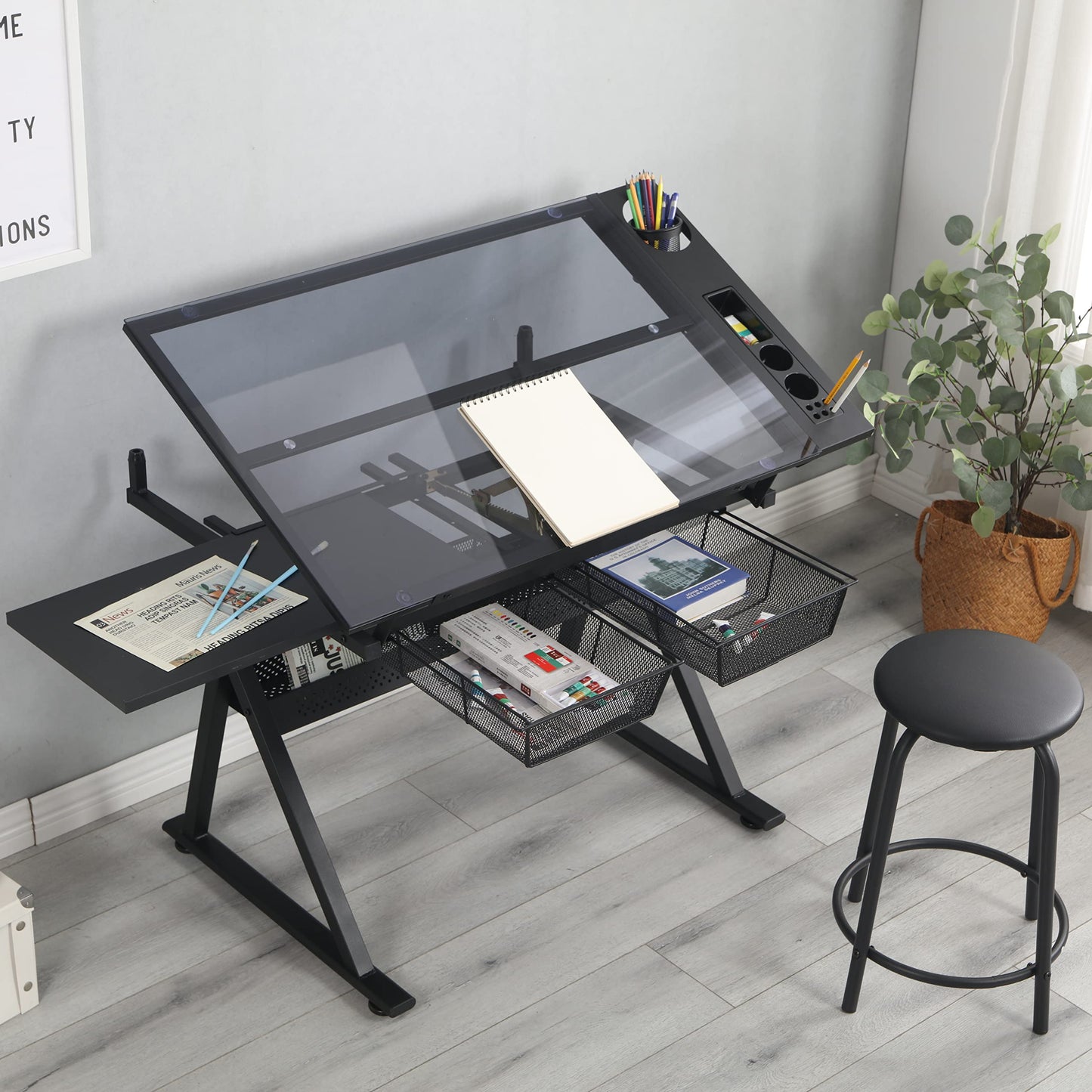 Acosure Tempered Glass Drafting Printing Table with Chair and Two Drawers,Desk W/Tilted Tabletop & Adjustable Legs,for Home,Office,School,Easy to Assemble,Black