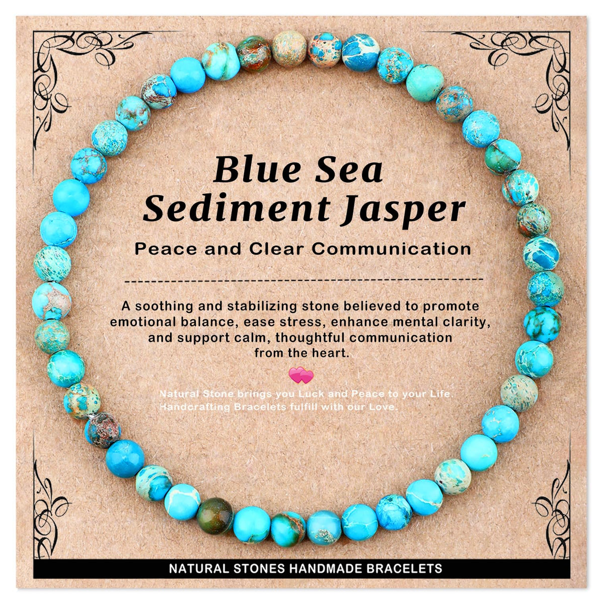 AD Beads 4mm Handmade Blue Sea Sediment Imperial Jasper Elastic Bracelet – Natural Gemstone for Joy & Positivity – Meditation, Yoga, Healing and Energy Gift for Men Women