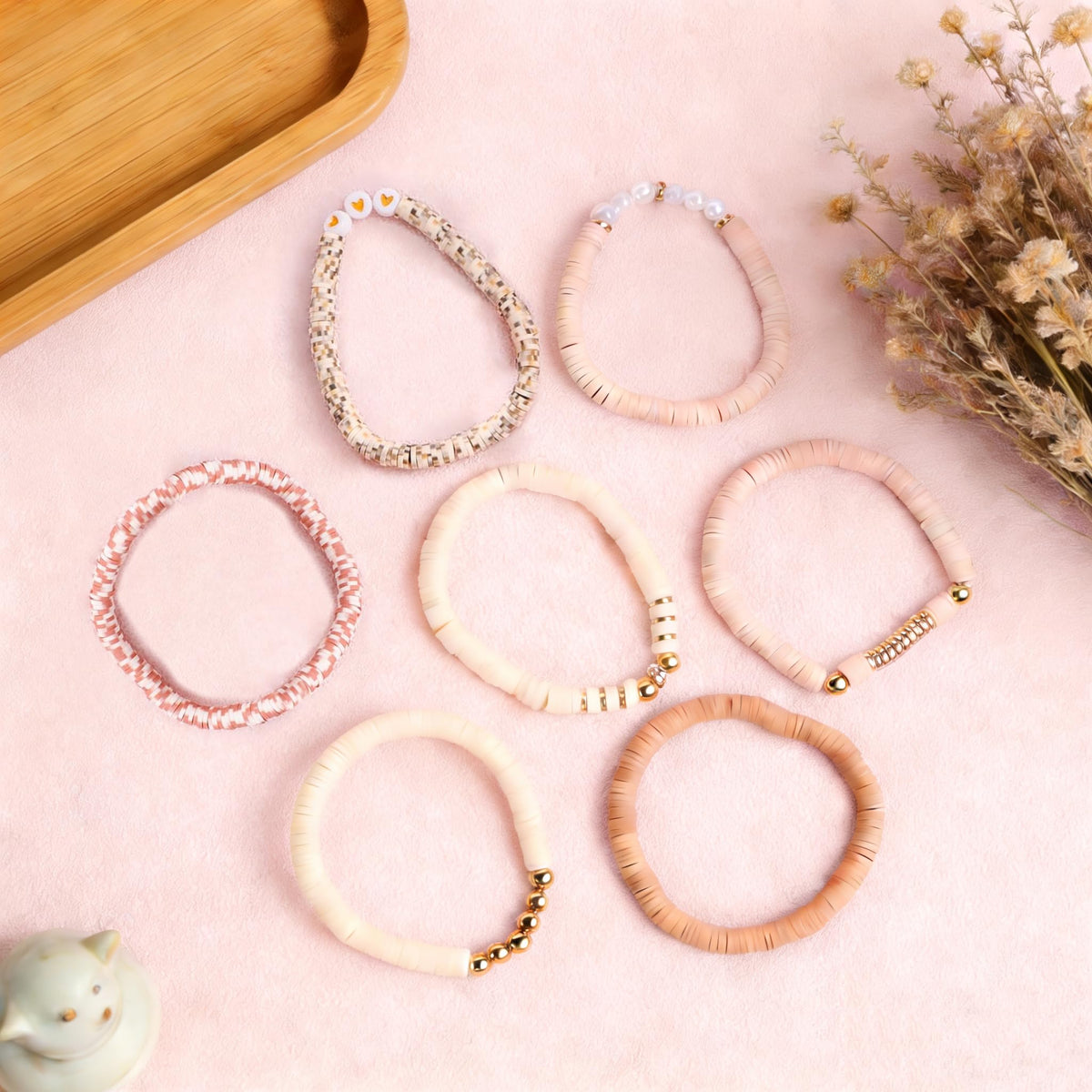 YEOSMINE Boho Heishi Clay Beaded Stretch Bracelets Stack For Women, Preppy Teens Friendship Gold Bracelets Cute Beach Surfer Accessories Bulk Set Trendy Fashion Jewelry