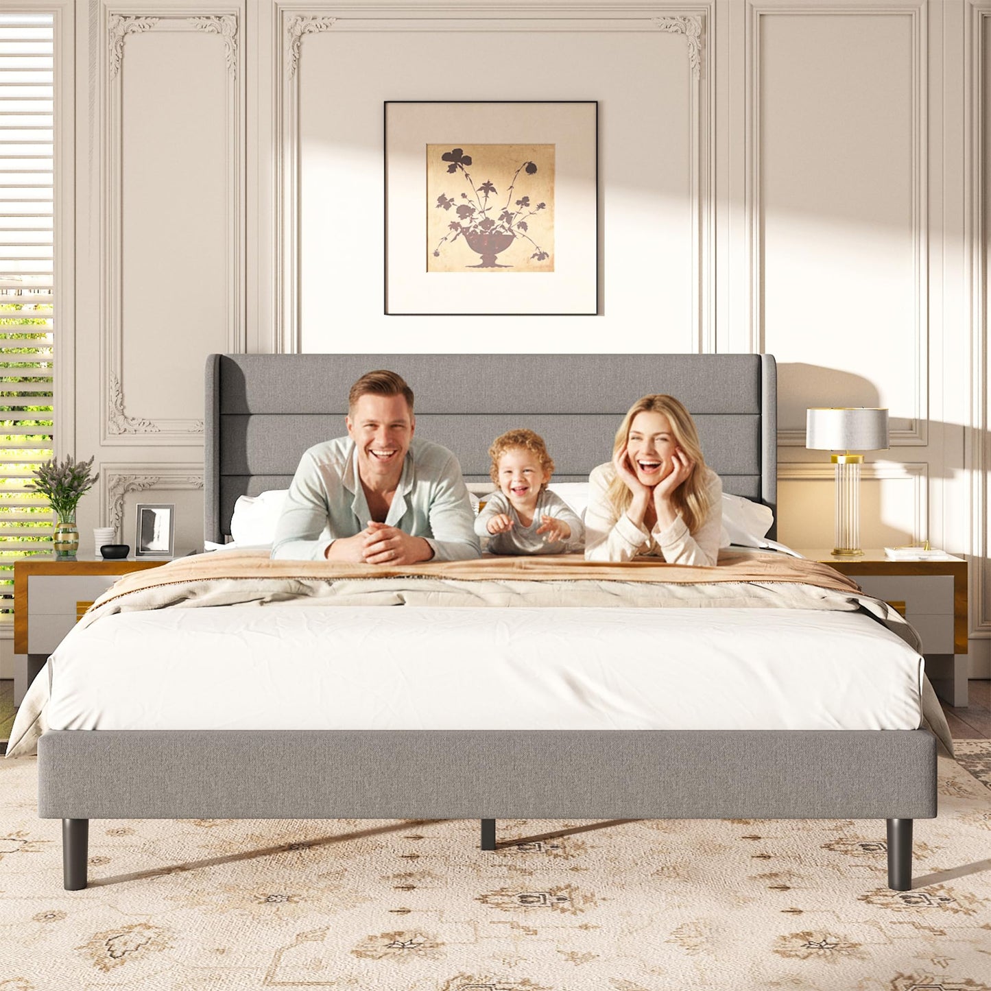 Mxhtcewz Queen Size Upholstered Platform Bed Frame, Modern Linen Fabric Bed with Wingback Headboard, Sturdy No Wobble, Noise-Free & Easy Assembly, No Box Spring Needed, Gray