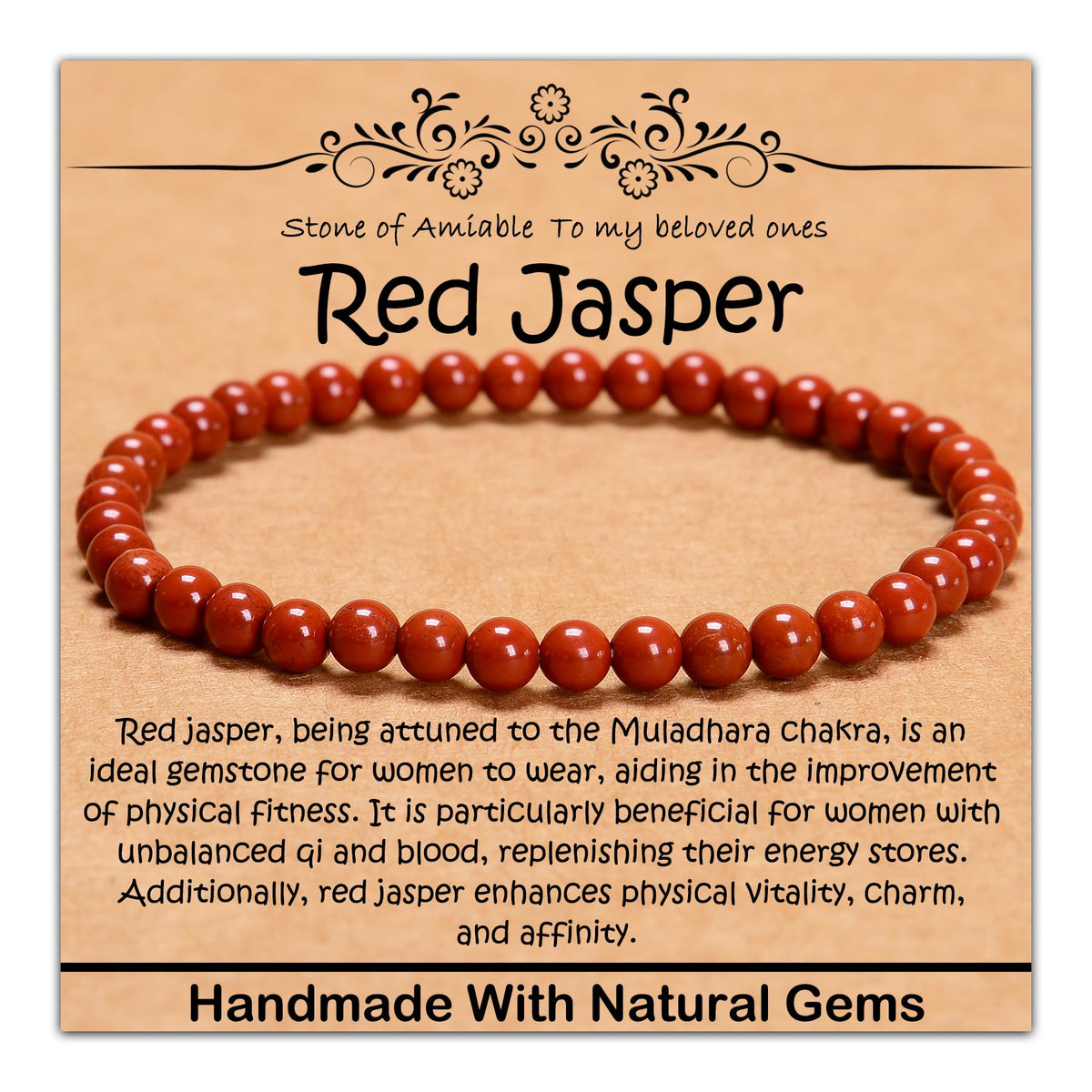 CHCCOYE 4mm Natural Healing Gemstone Bracelet Handmade Yoga Stretch Elastic Bracelet Stress Relief Crystal Jewelry for Men and Women (4mm, Red Jasper)