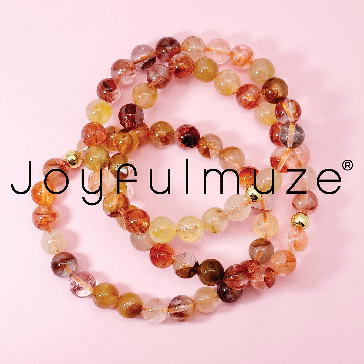 Joyfulmuze Natural Floral Crystal, Pink Yellow Orange Summer and Fall Stretch Bracelet, Handmade Gift for Women and Men, Round Beads 8mm 7" wrist (Floral-Crystal)