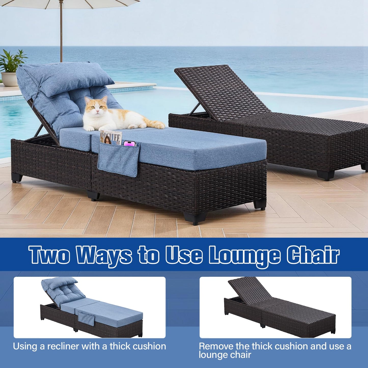 Ligescel Outdoor Chaise Lounge Chair, Patio Rattan Adjustable Recliner with 5-Inch Thick Cushion, Heavy Duty Metal Lounger for Pool Beach Yard (Blue)