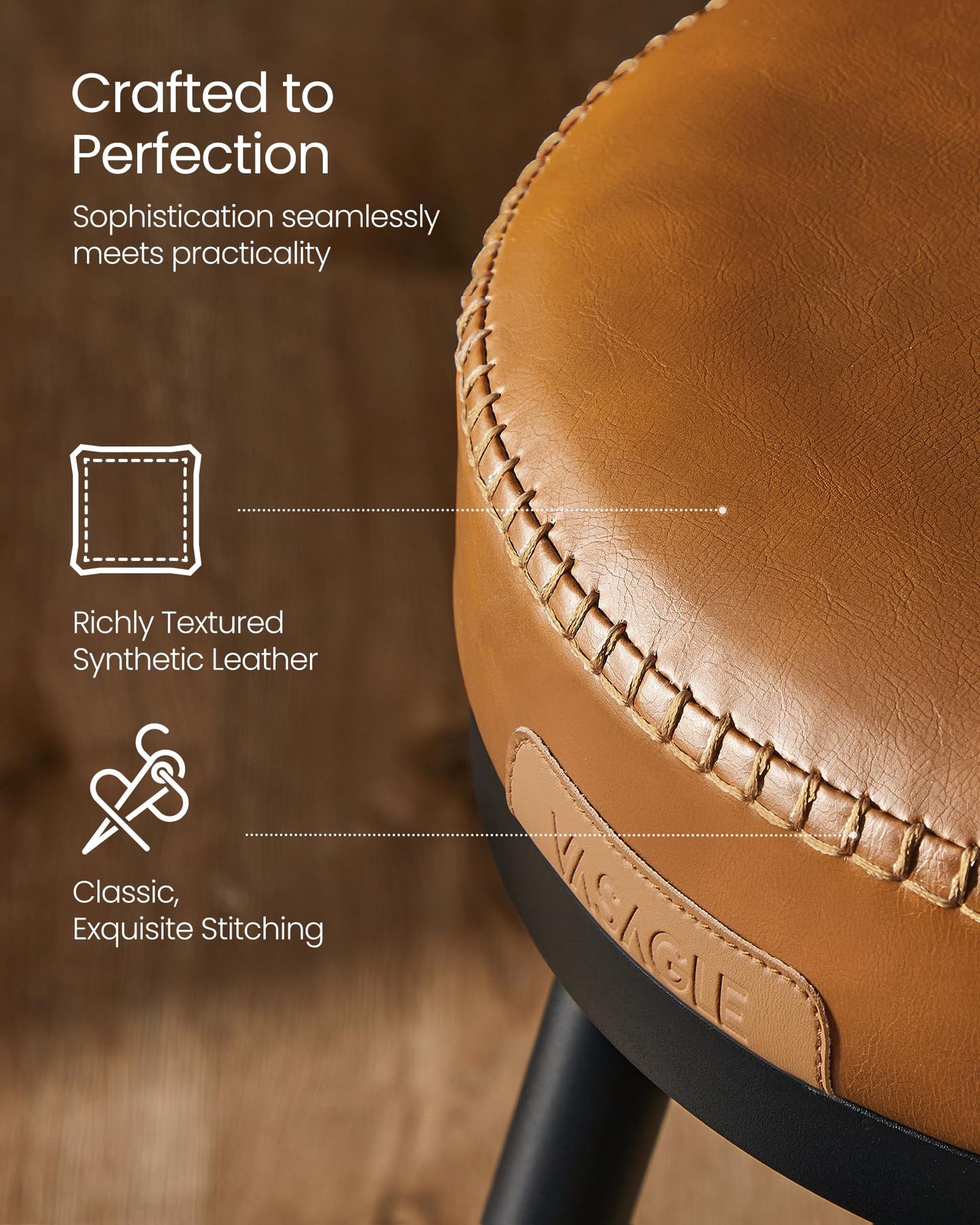 VASAGLE EKHO Collection - Bar Stools Set of 4, Swivel Bar Height Bar Stools with Back, Synthetic Leather with Stitching, Mid-Century Modern, 30-Inch Tall Barstools for Kitchen Home Bar, Caramel Brown