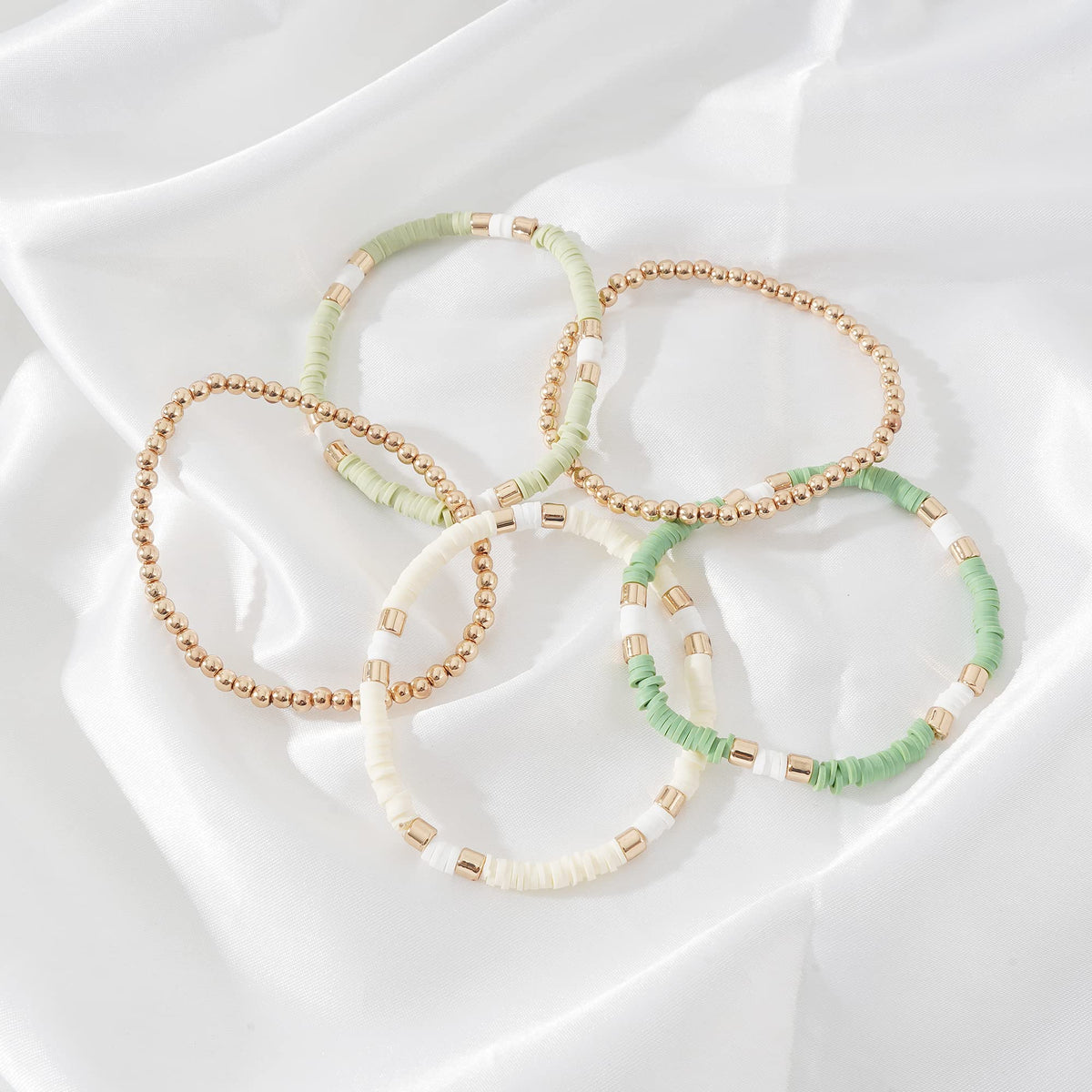 GOOJIDS Surfer Heishi Clay Bead Bracelets for Women Bohemian Stackable Gold Plated Beaded Stretch Bracelets Elastic Layering Friendship Bracelets Set Boho Jewelry