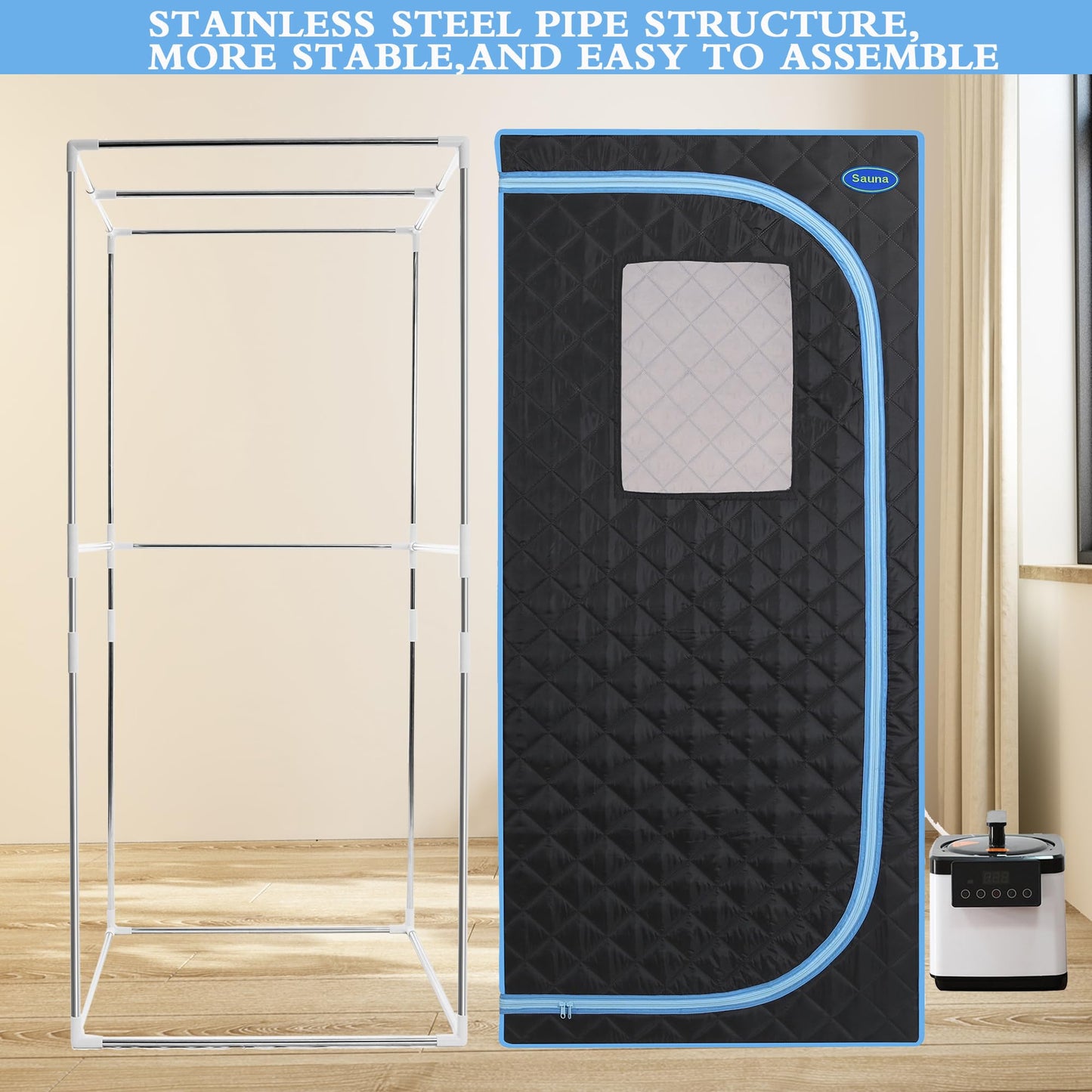 Person Steam Sauna for Men, Portable Sauna Tent for Women, 31.5"W Full Body Foldable Saunas Box with Steamer, Folding Chair, Stainless Steel Pipes Connector, for Home Apartment Spa Indoor, Black