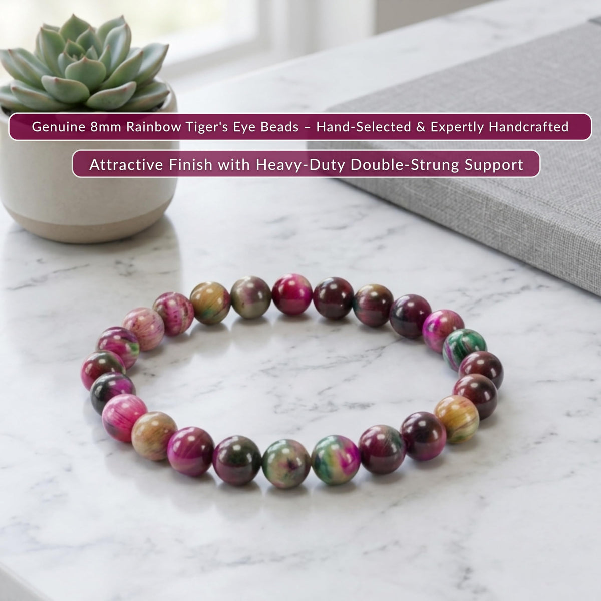 Cherry Tree Collection Rainbow Tiger's Eye Beaded Bracelet – Genuine 8mm Gemstone Stretch Bracelet for Men & Women – Handmade Crystal Bracelet - (Rainbow Tiger's Eye - M)