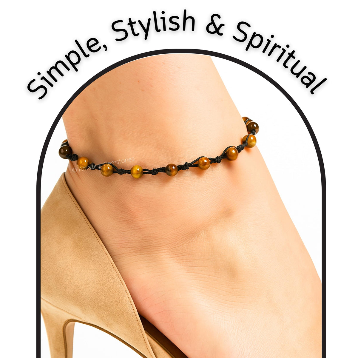 Amazing Gemstone Tigers Eye Anklet Ankle Bracelets for Women - Waterproof Beaded Healing Crystal Anklets, Plus Size Chakra Gemstone Bead Anklet (Stretchy Adjustable - Hand Knotted)