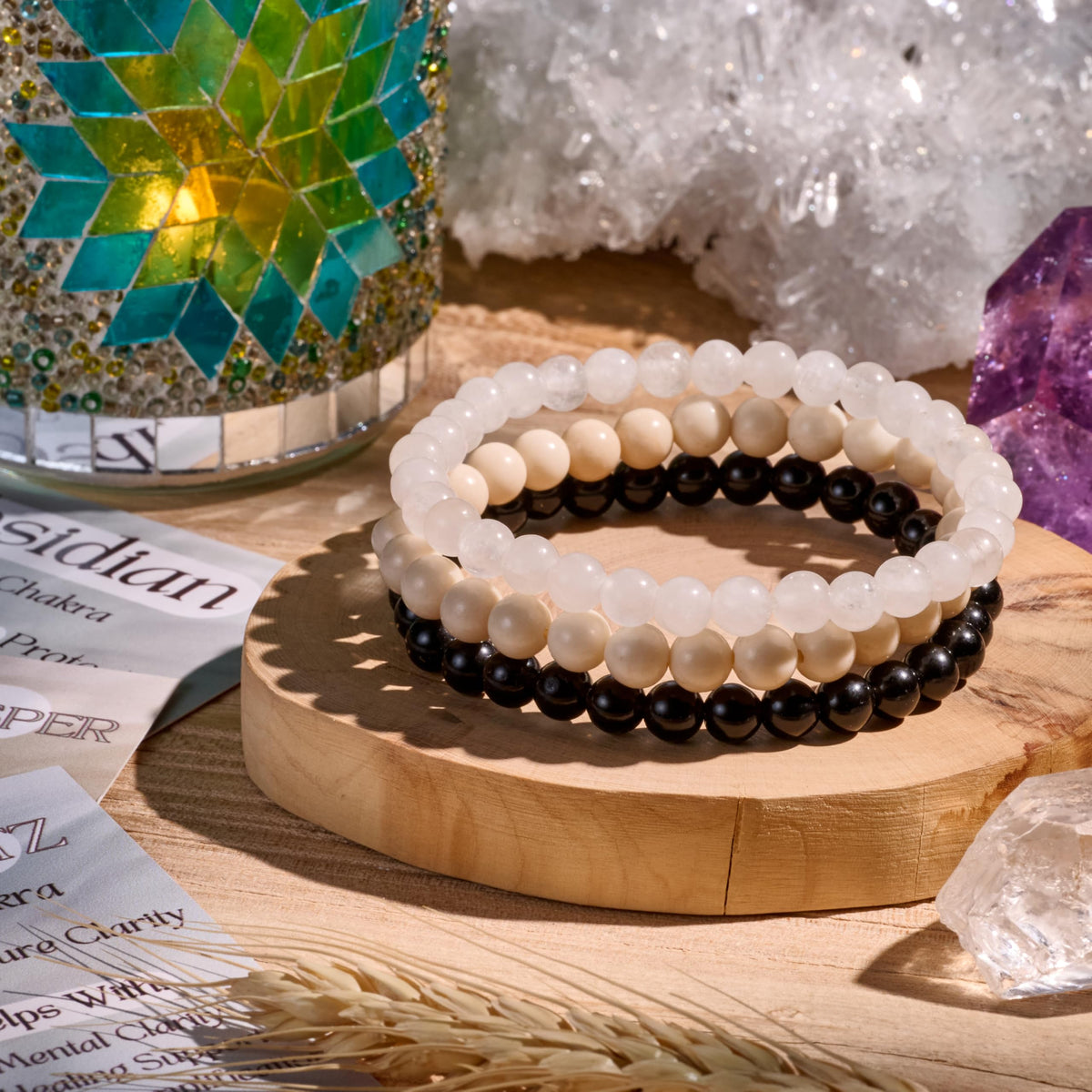 Bivei 3-Piece 8mm Beaded Bracelets for Women – Black Obsidian, White Fossil Jasper, Clear Quartz – Handmade Natural Crystal Stretch Elastic Jewelry for Meditation, Yoga, Protection Gifts