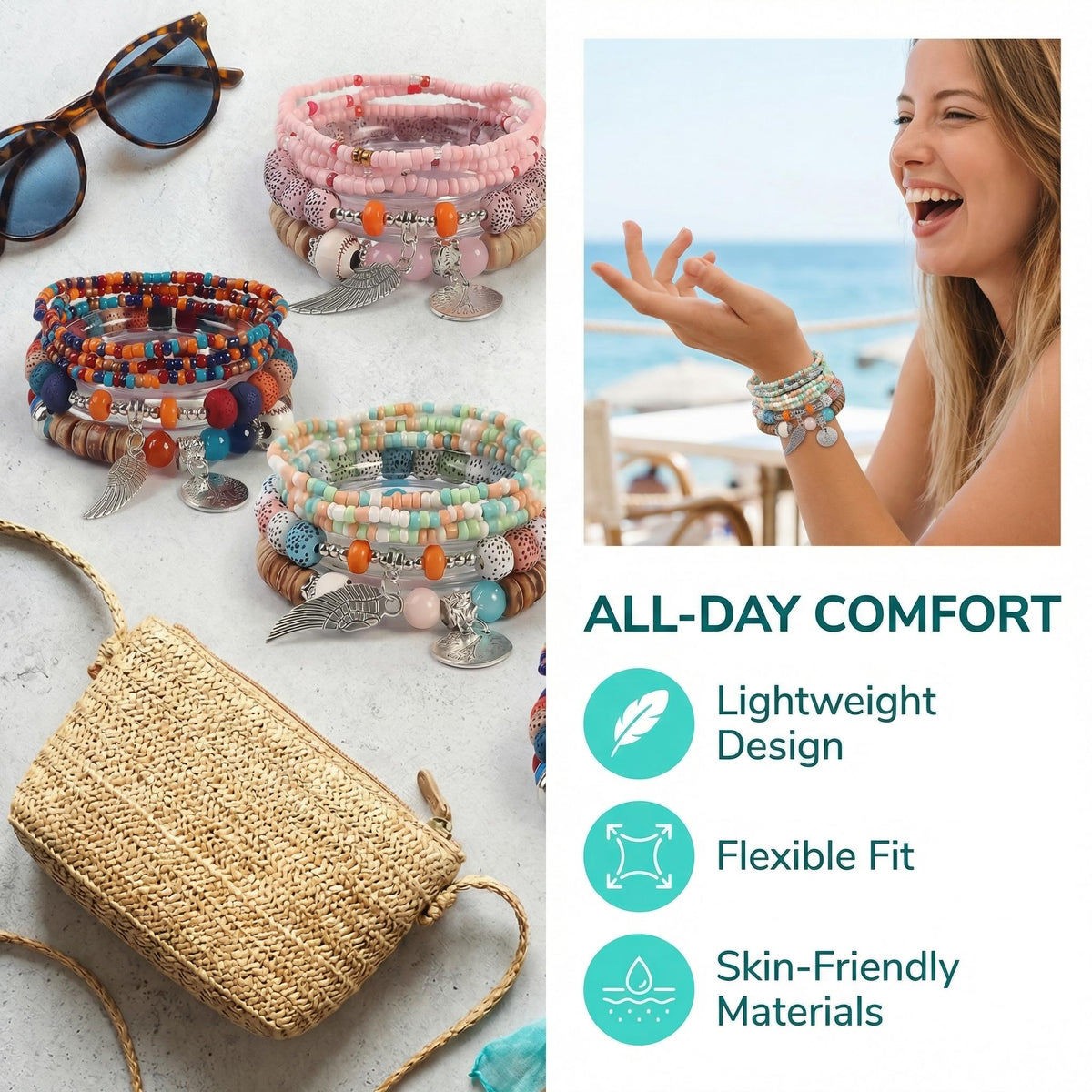 Msndnjr Beaded Bracelets for Women -Boho Beaded Bracelet Stack for Women, 6-Piece Stackable Stretch Bracelets Set, Colorful Layered Beaded Bracelets for Summer Beach & Festivals