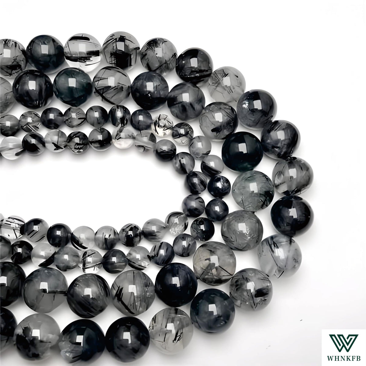 WHNKFB 8mm 50PCS Natural Black & White Mixed Rutilated Quartz Round Beads, Loose Crystal Beads for Jewelry Making Craft - 4mm 6mm 8mm 10mm Options with Free Elastic Cord