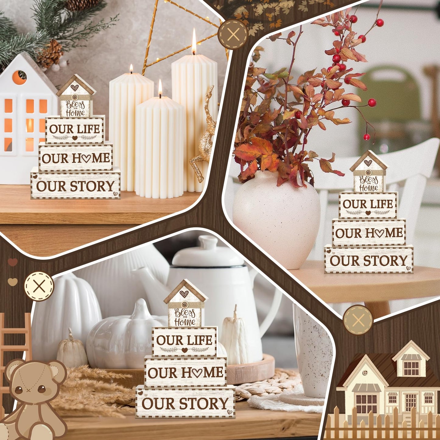 4 Pcs Rustic Farmhouse Decor Wooden Tiered Tray Decor, Rustic Family Table Decorations Our Life Story Stack Block Sign Neutral Home Tabletop Centerpieces for Kitchen Shelf Entryway Coffee Desk