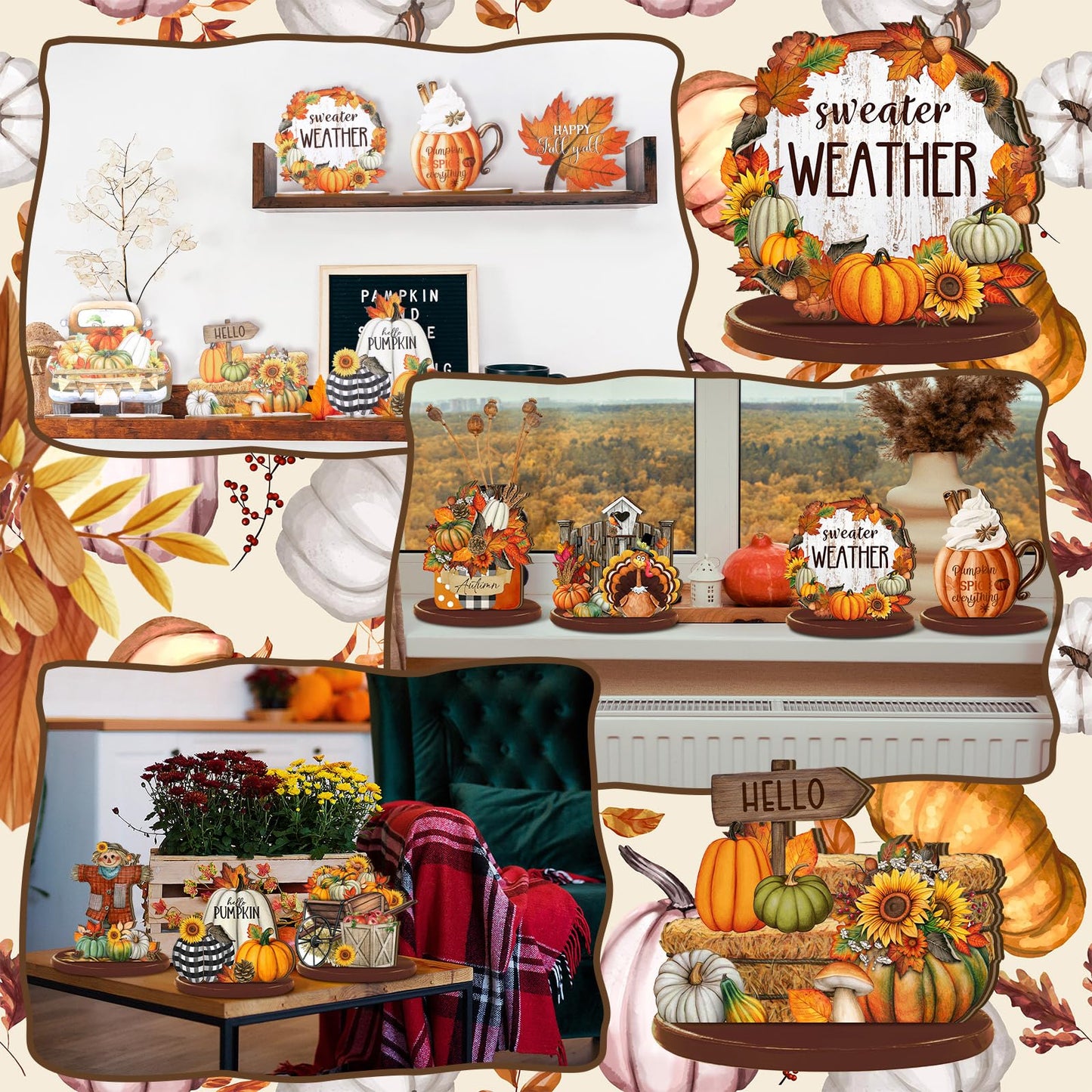 Leinuosen 12 Pcs Fall Table Decorations Thanksgiving Tiered Tray Decor Thanksgiving Centerpieces for Dinner Tables Autumn Gnome Maple Turkey Wooden Sign Fall Decor for Home Kitchen Shelf Farmhouse