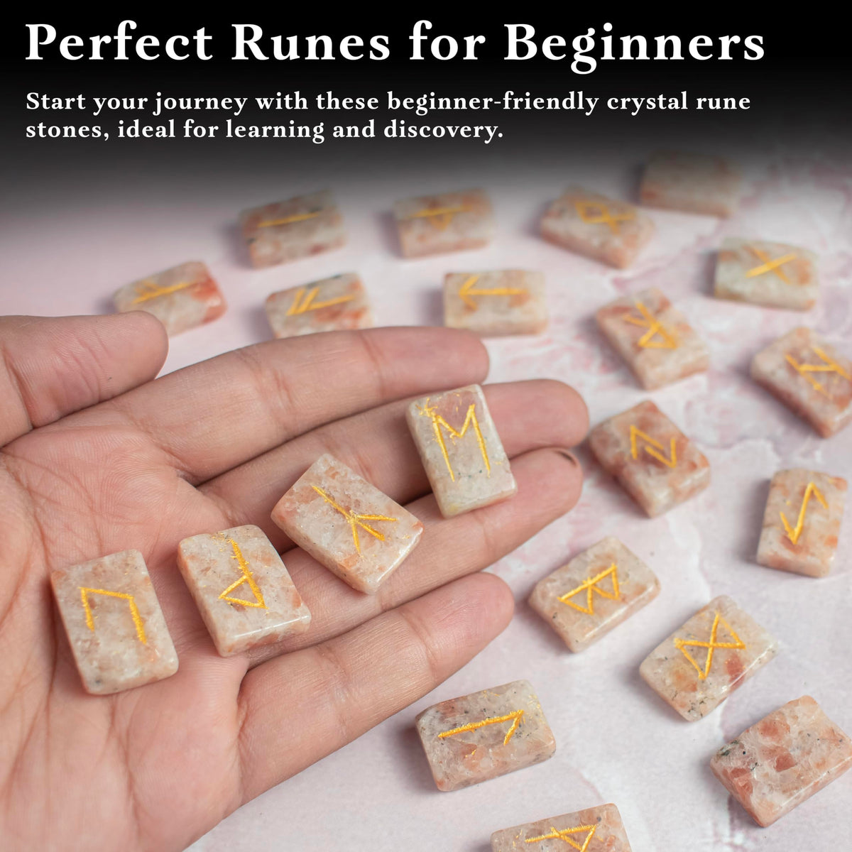 Crocon Sunstone rectangle shape gemstone runes with Elder Futhark Alphabet Engraved 25 pcs rune set Crystal Divination metaphysical Healing Chakra Reiki runes set with a pouch Size : 2025mm