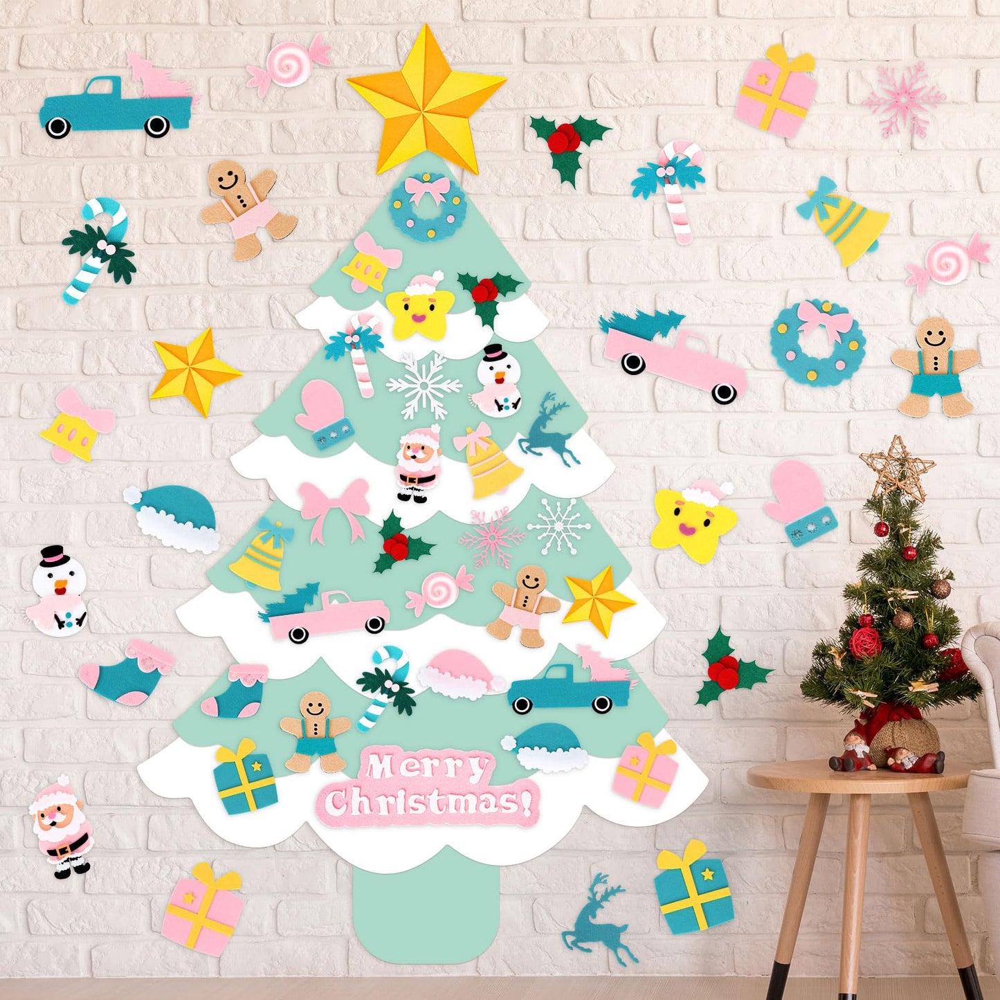 JarThenaAMCS Felt Christmas Tree with Ornaments Boho Green & Pink Xmas Tree DIY Crafts Set for Classroom Home Wall Door Hanging Decorations